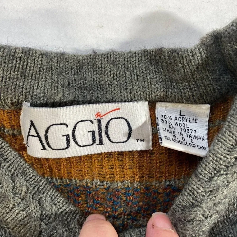Aggio Vintage Mens Southwestern Geometric Wool Blend Crewneck Sweater Grey Large